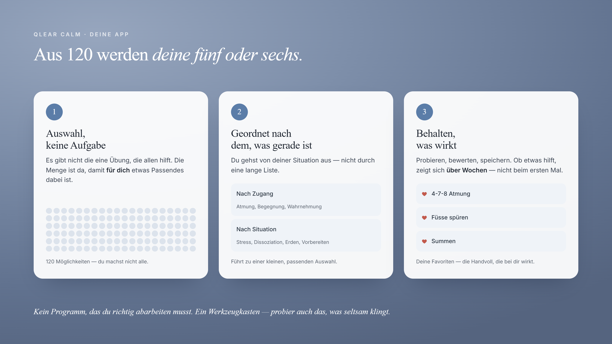 Titelbild zum Beitrag „120 Panik-Übungen – wozu so viele?" mit dem Hinweis: Weil du nicht alle brauchst, sondern deine.