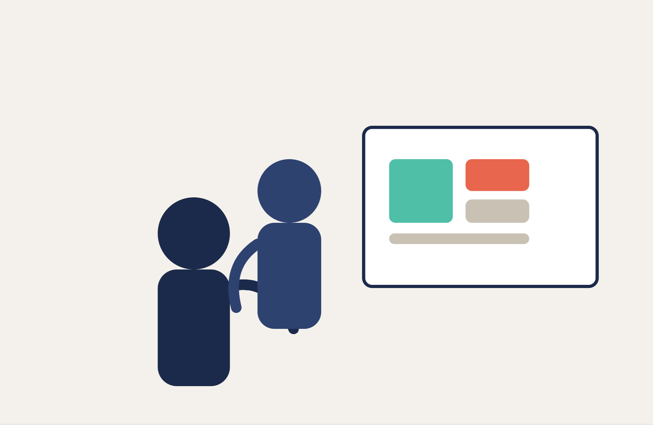Ilustración minimalista de cinco personas de espaldas observando una pantalla con diversos cuadros de colores.