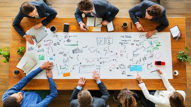 Reunión de personas en una mesa discutiendo y tomando notas