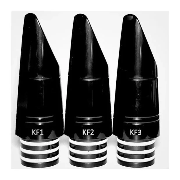 Three black nose cones labeled KF1, KF2, and KF3, placed on striped bases, shown in a row.