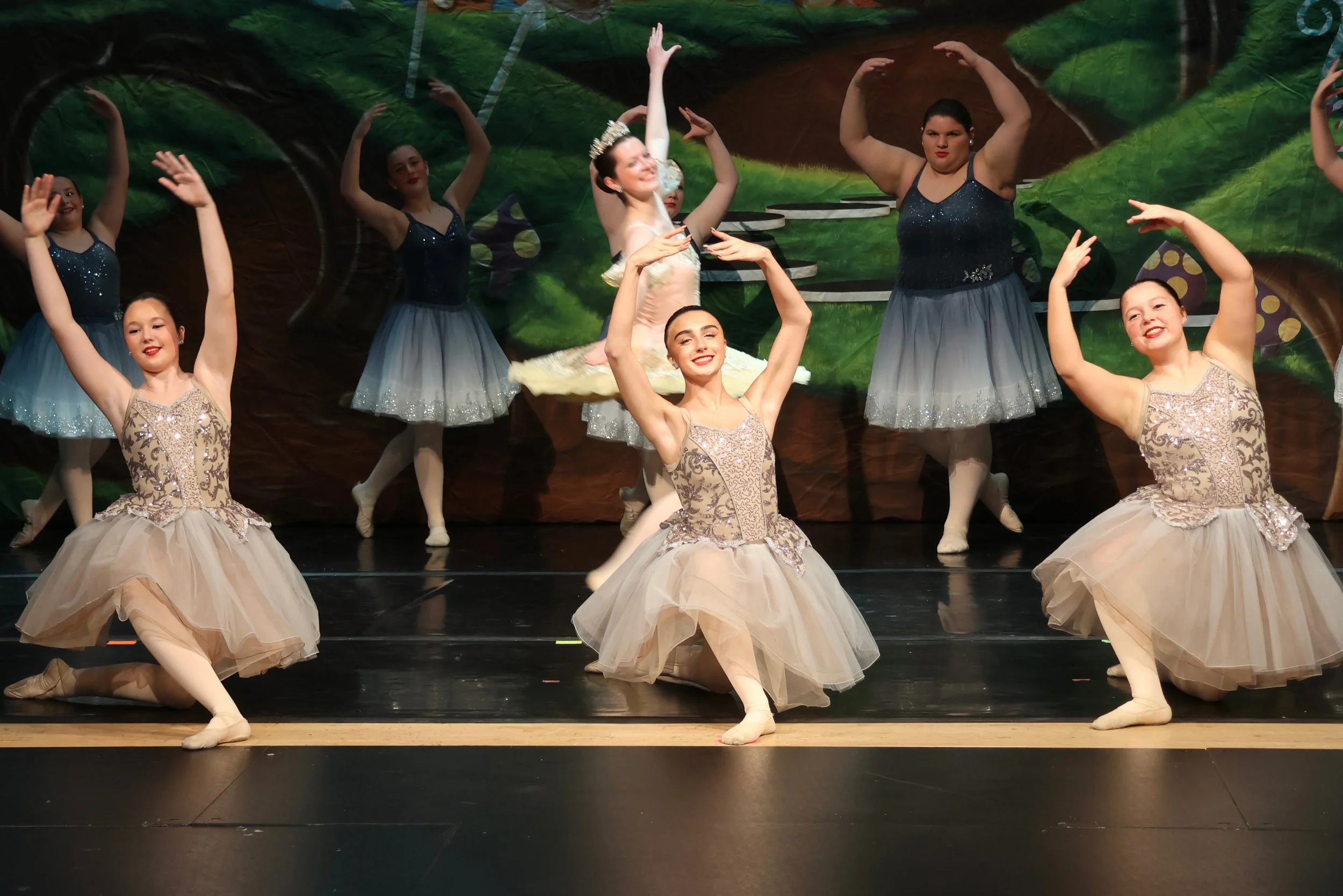 Ballet dancers performing on stage, some in beige and others in dark blue and silver tutu costumes, with a painted forest background.