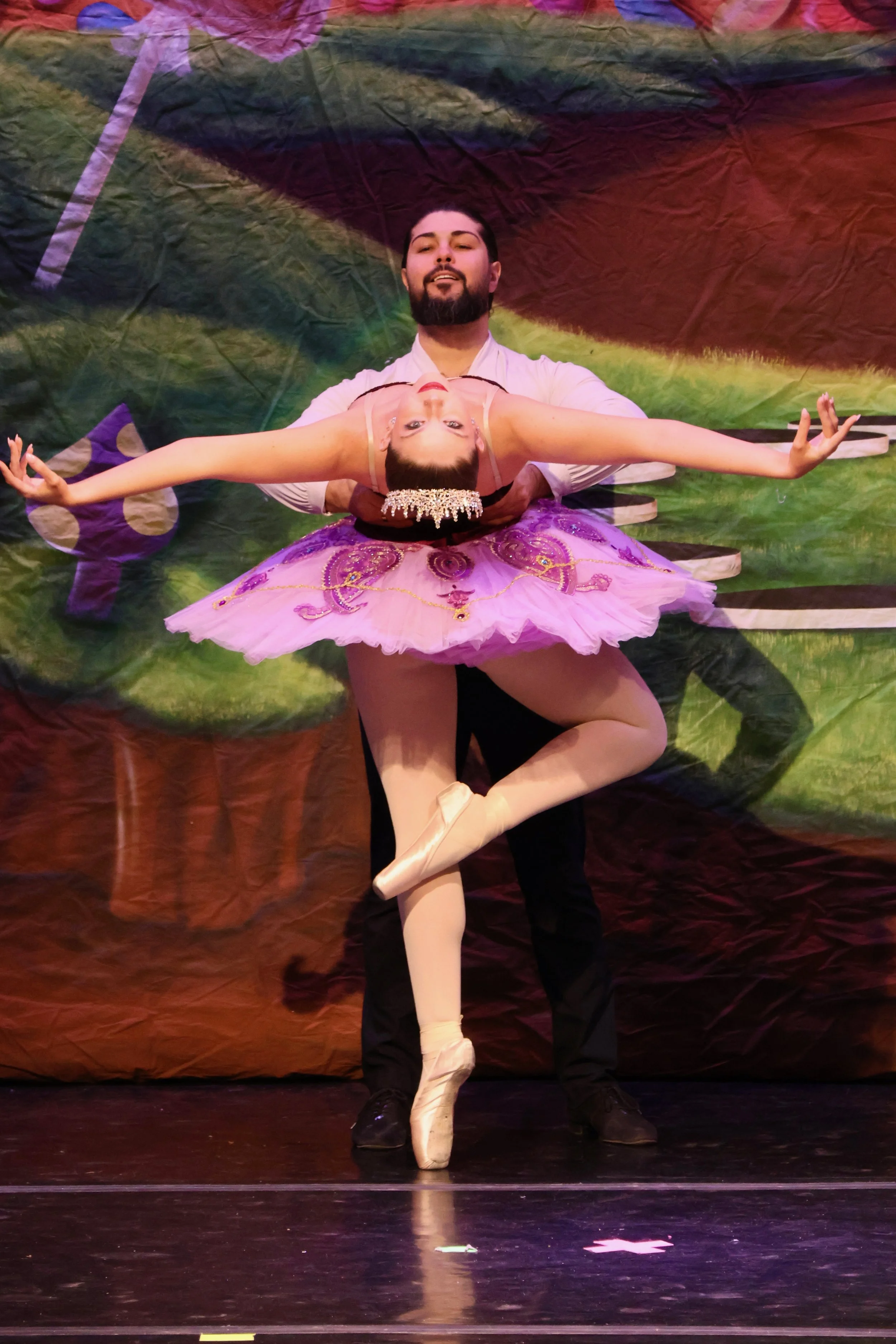 Ballet dancers perform on stage with one dancer in front of a male partner, wearing a pink tutu and pointe shoes. The background features a colorful scenic backdrop.