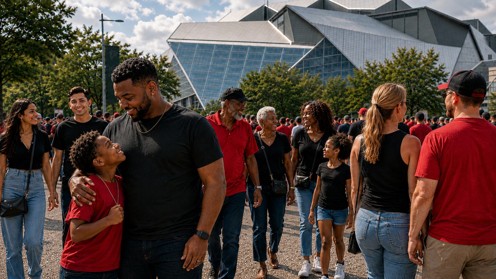 A multigenerational family joins other football fans walking toward Mercedes-Benz Stadium before kickoff.