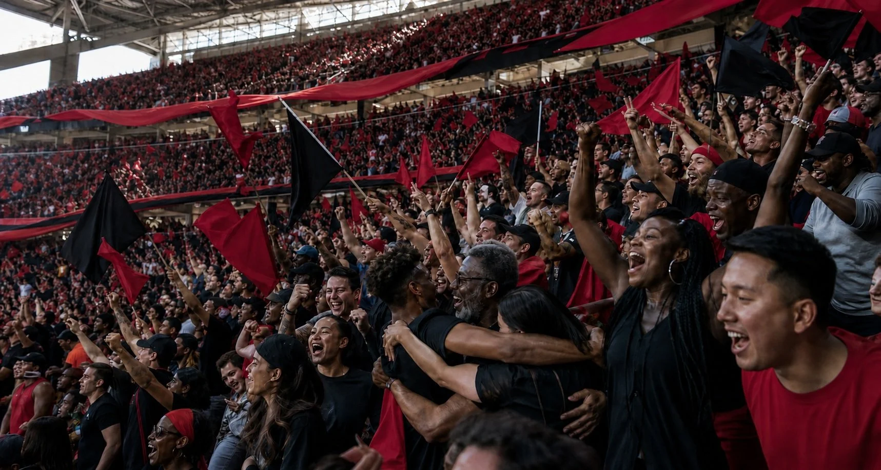 A packed Sunday-afternoon football stadium crowd celebrates beneath flowing red and black fabric.