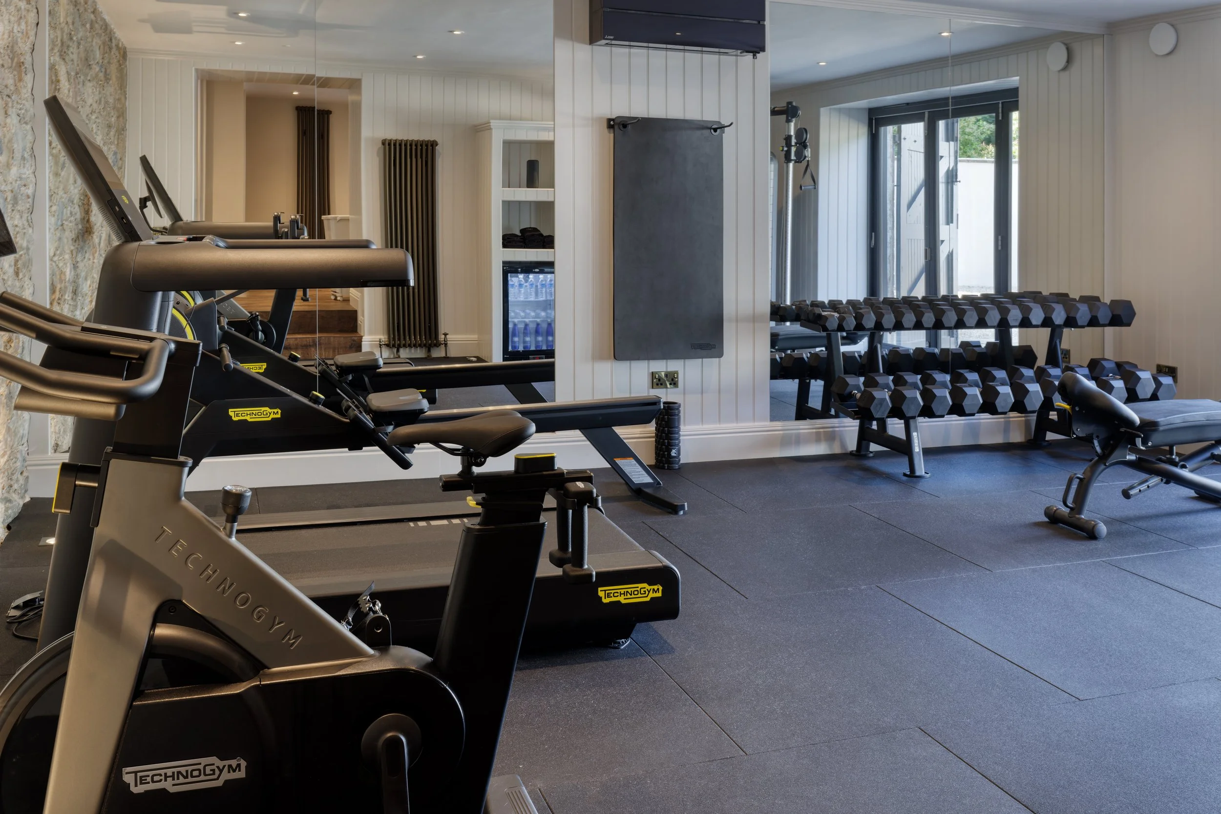 Interior of a home gym with exercise equipment including treadmills, dumbbell racks, and a wall-mounted pull-up bar with gym mats underneath. Large window and sliding glass door let in natural light.