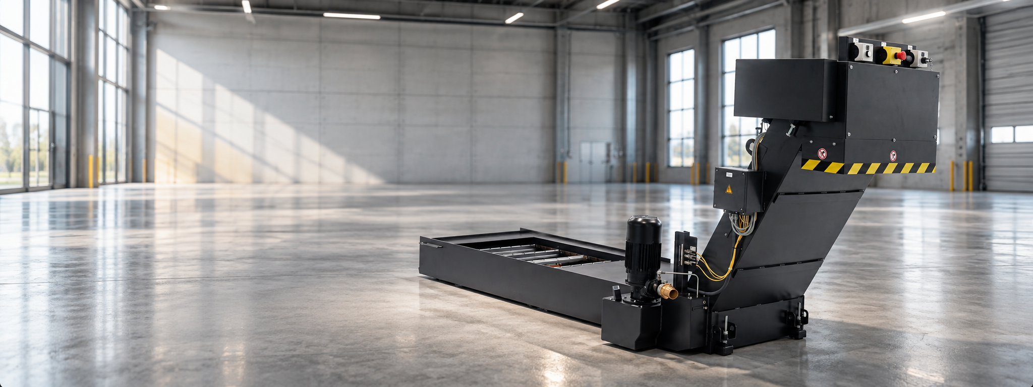 Ein großer, moderner Indoor-Fahrzeugreiniger mit schwarzen Gehäuse auf einer leeren Industriehallen-Bodenfläche.