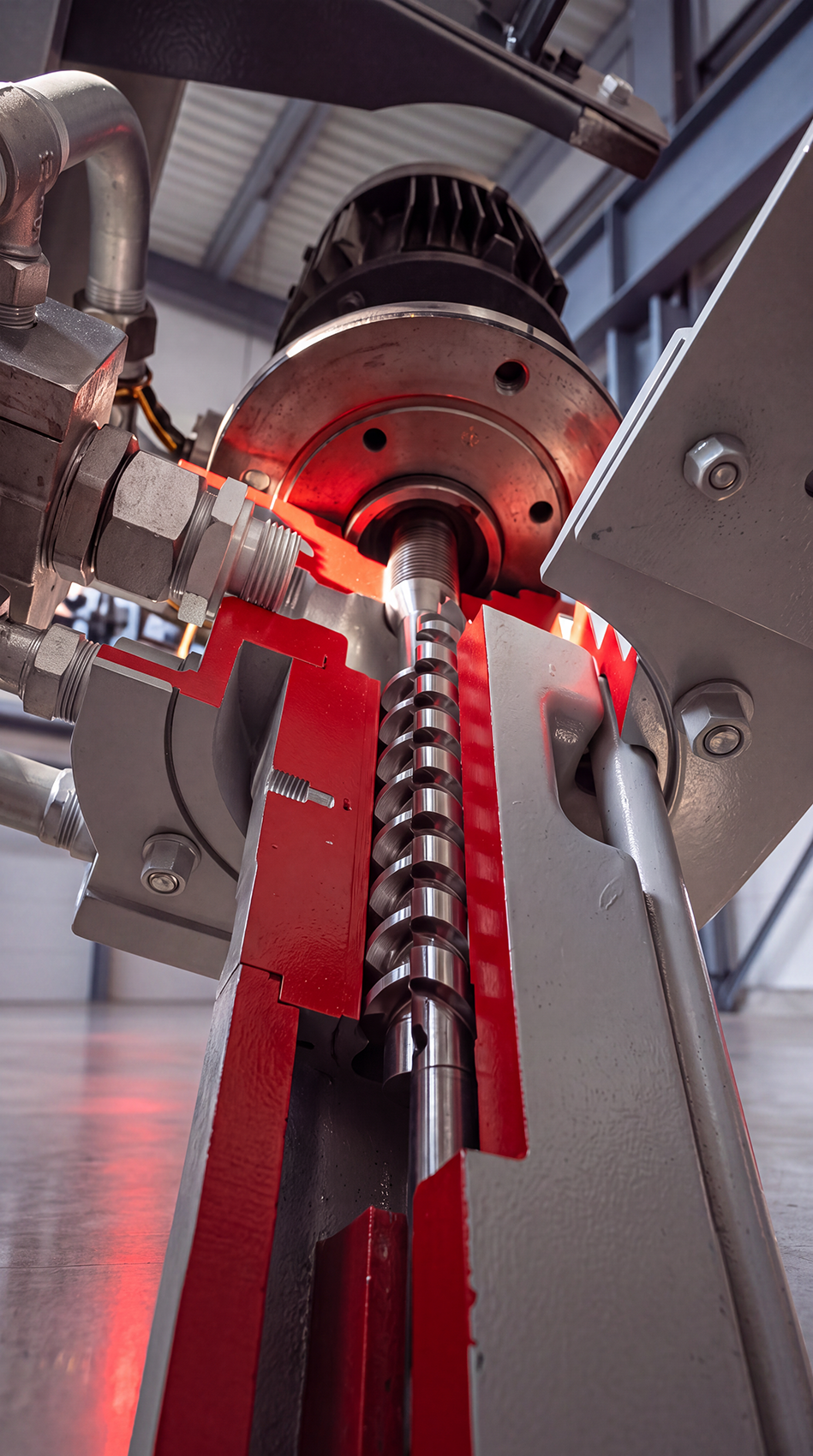 Maschinenwerkzeug mit Spiralbohrer in einer Metallmaschine, für präzises Schneiden oder Bohren, in einer Fabrikhalle.