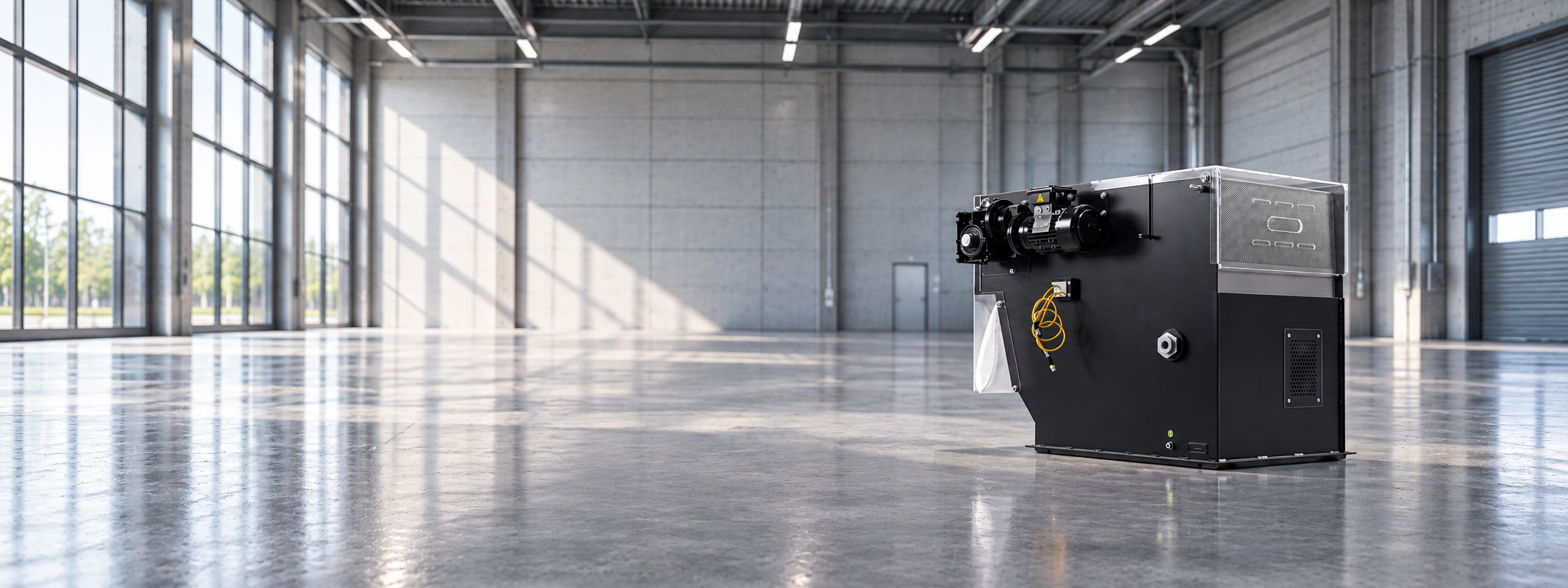 Der TMF300 in einer großen, leeren Industriehalle mit hohen Fenstern im Hintergrund.