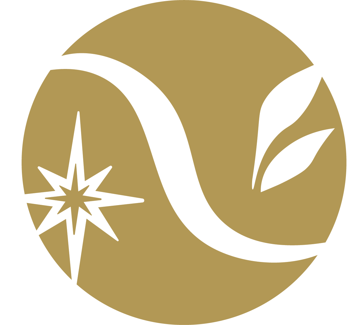 Stylized logo featuring a white crescent moon, white leaves, a white star, set against a brown circular background.