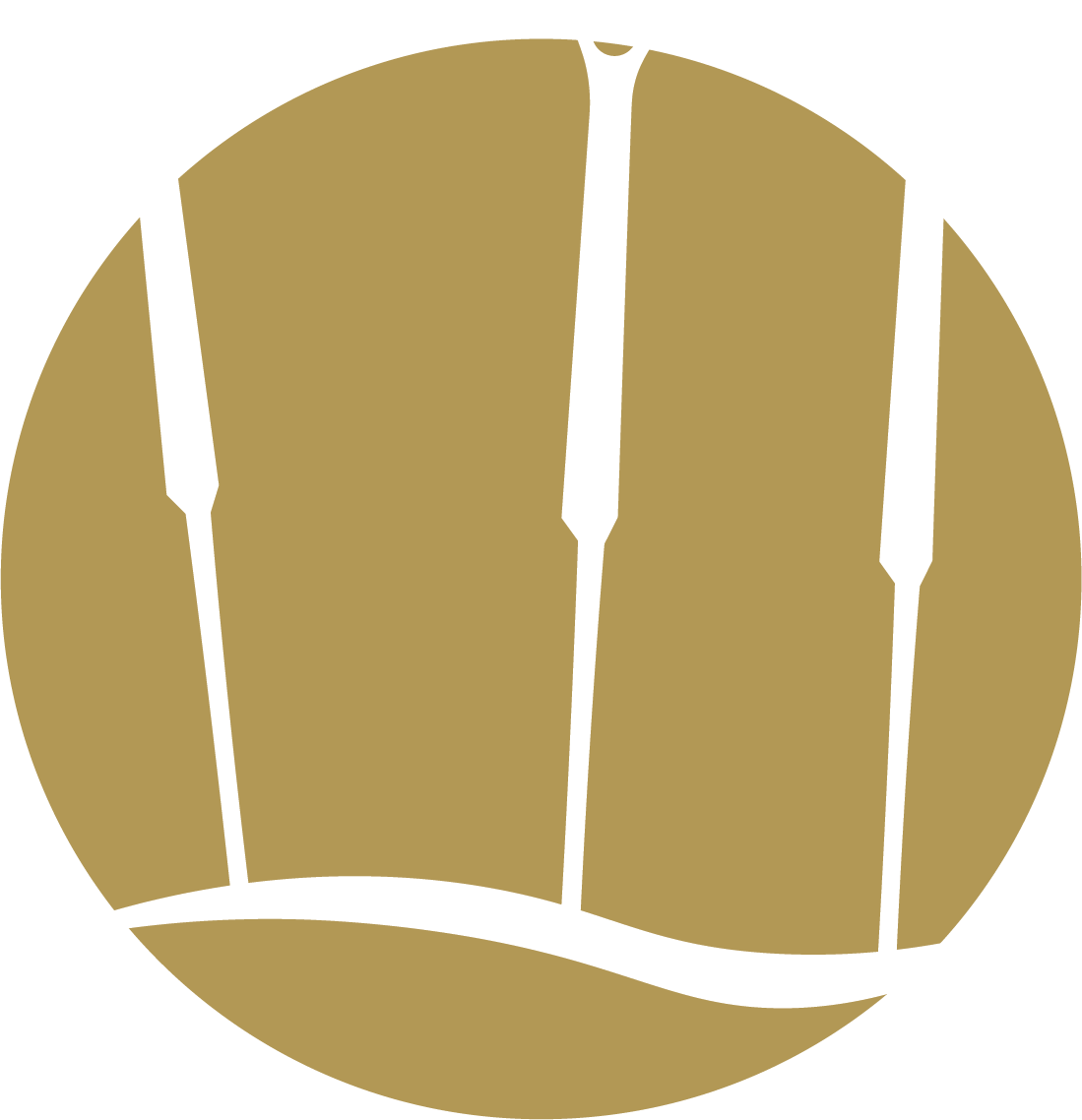 A minimalist graphic design of three white silhouettes of knitting needles with a curved line at the bottom, set against a gold circular background.