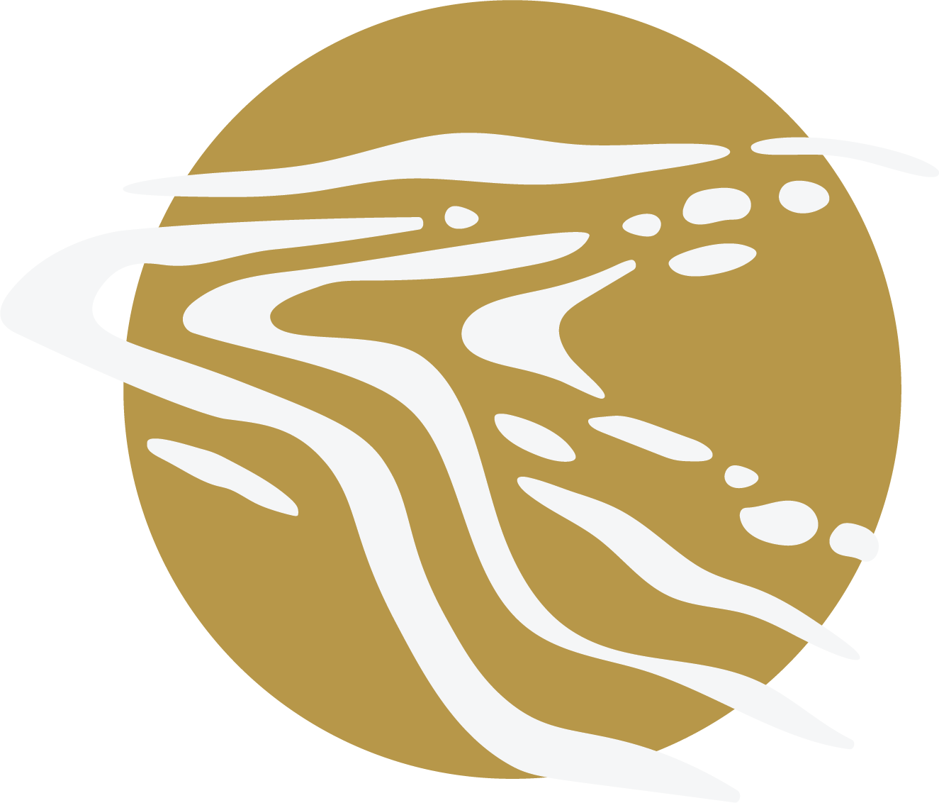 Stylized abstract logo with a large gold circle in the background and white flowing lines resembling sand dunes or ocean waves in the foreground.