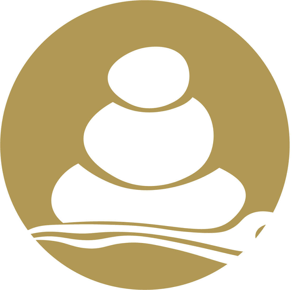 A circular logo with a gold background featuring a white abstract figure composed of three rounded shapes stacked vertically, with a flowing tail at the bottom.