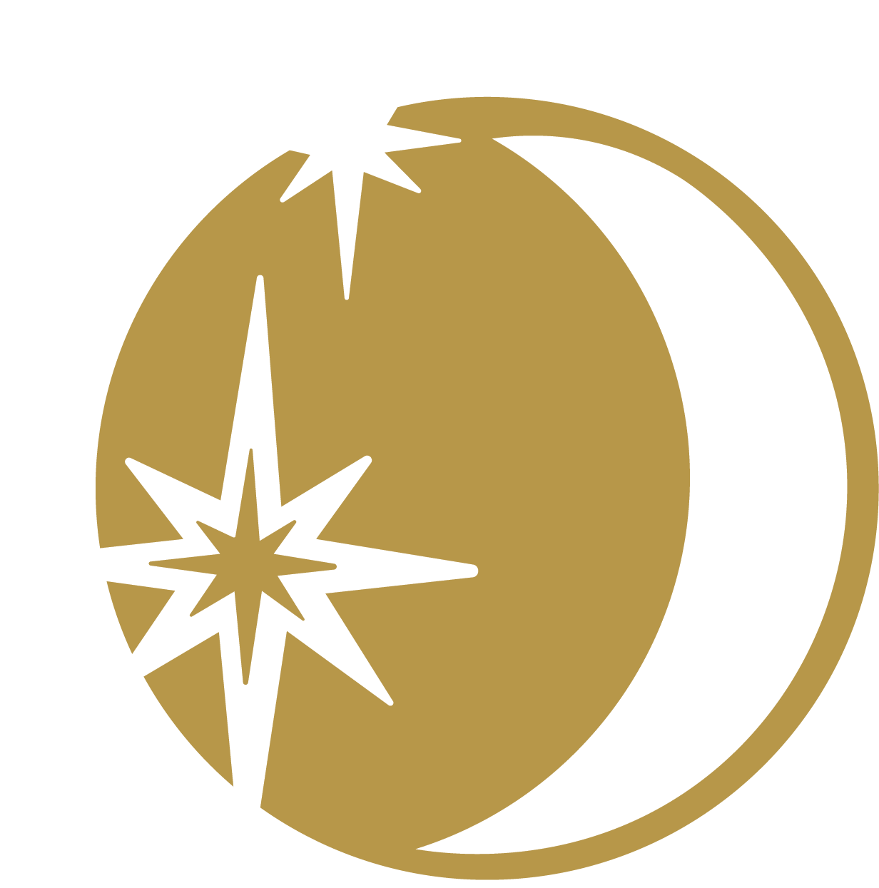 Gold crescent moon and two white and gold stars on a black background.
