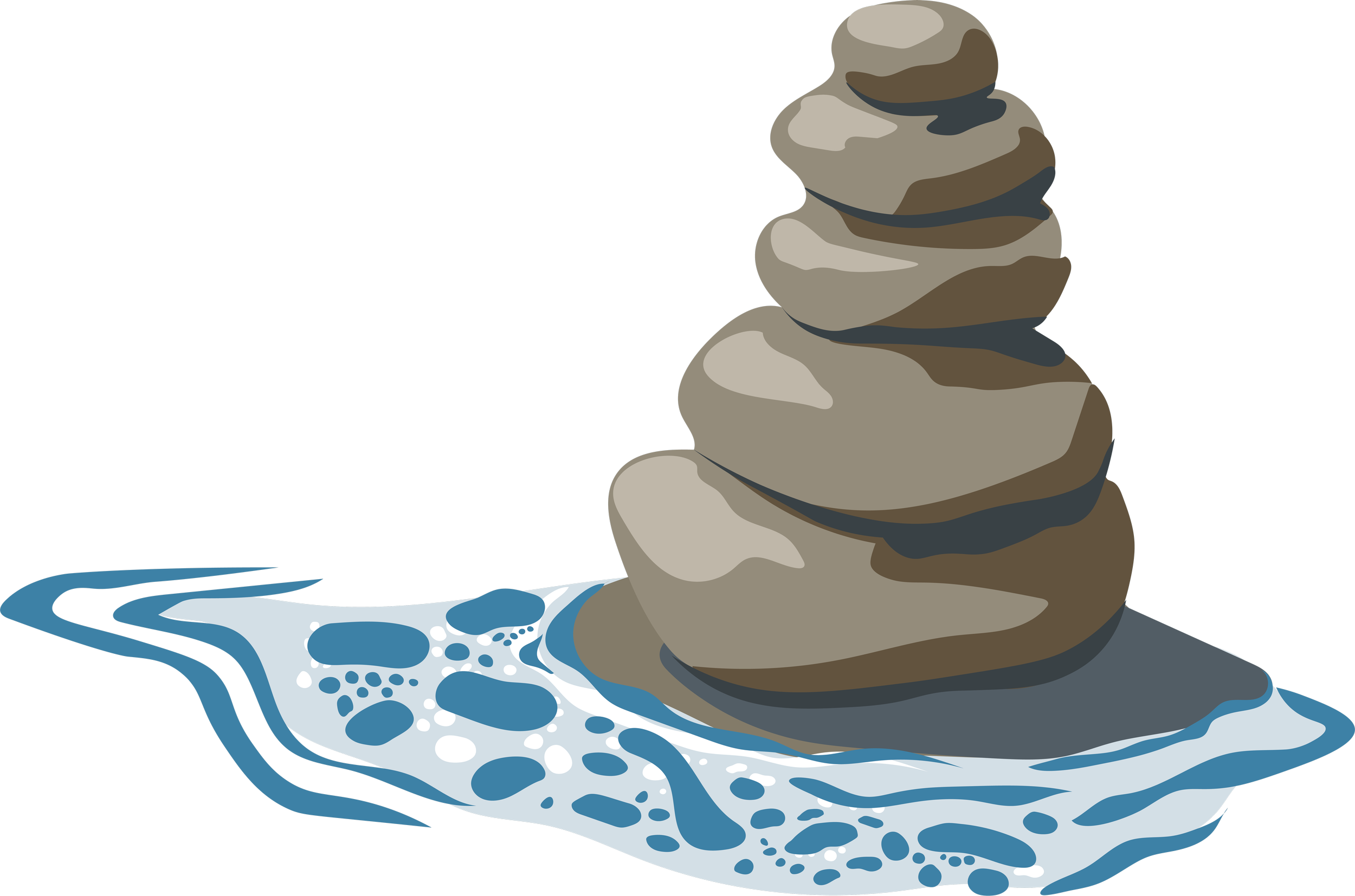 Stack of four smooth gray and brown stones balanced on top of each other in water with ripples and bubbles around them.