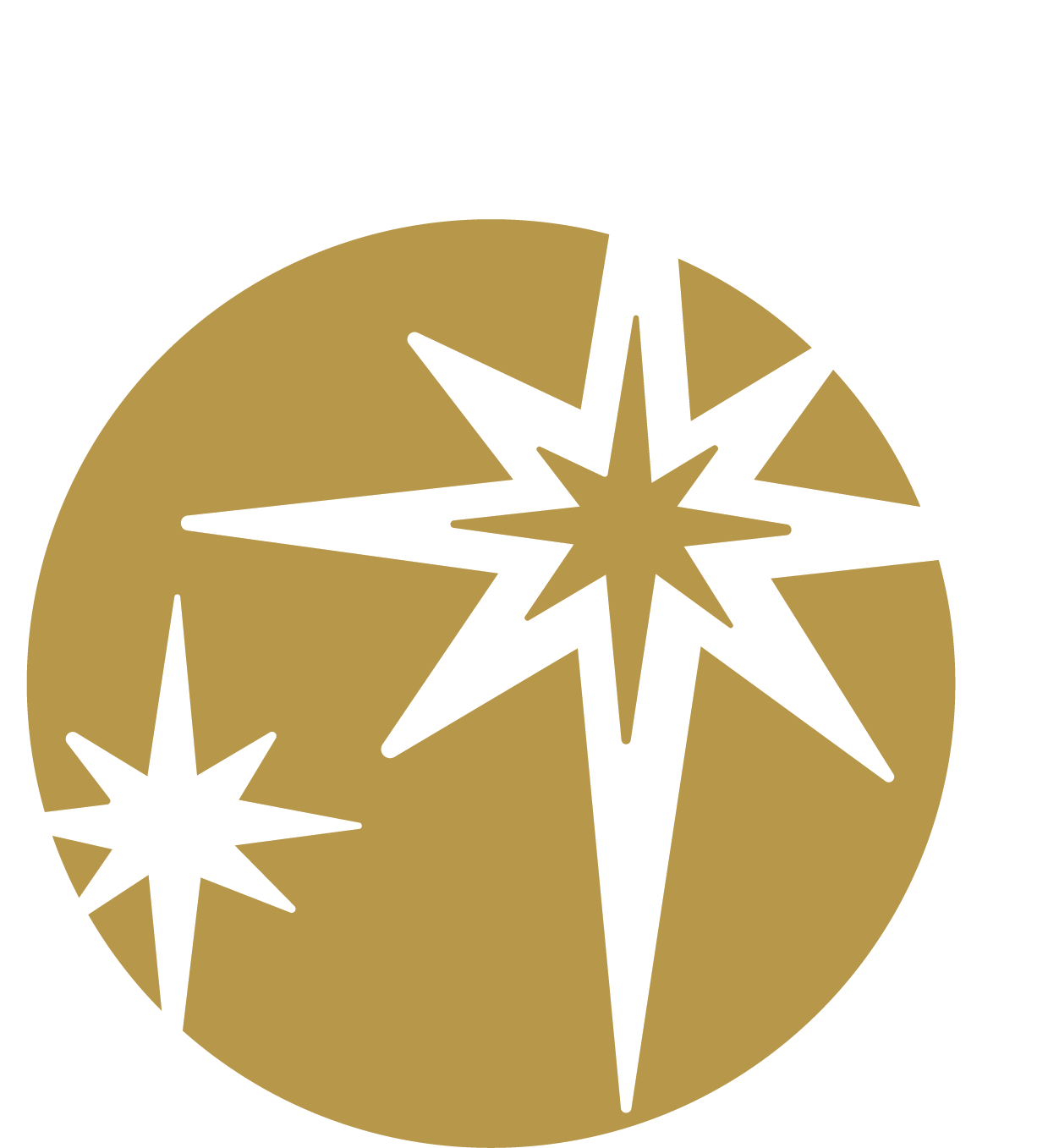 Decorative starburst design with white and gold stars over a gold circular background.