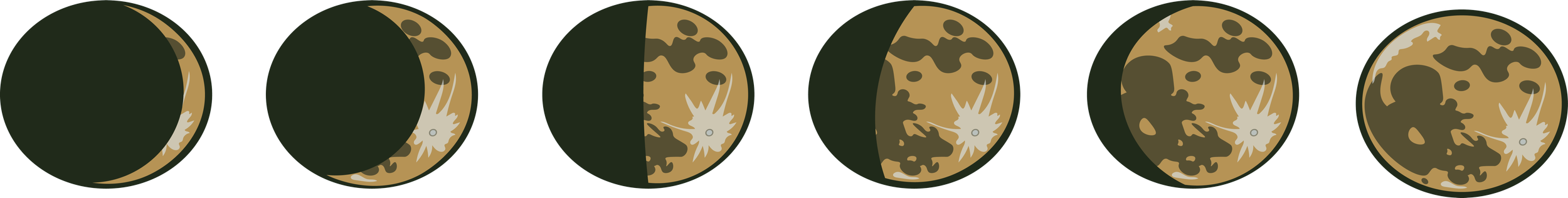 Sequence of six graphical illustrations of the moon, showing different phases from new moon to full moon.
