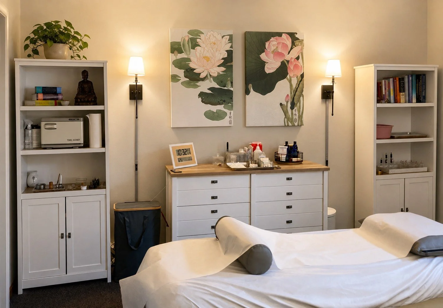 A therapy or massage room featuring a massage table with a roll pillow, white cabinets on either side with books, decorative objects, and supplies, a wooden dresser with small storage containers, a digital clock, and framed floral artwork on the wall, illuminated by wall-mounted lamps.