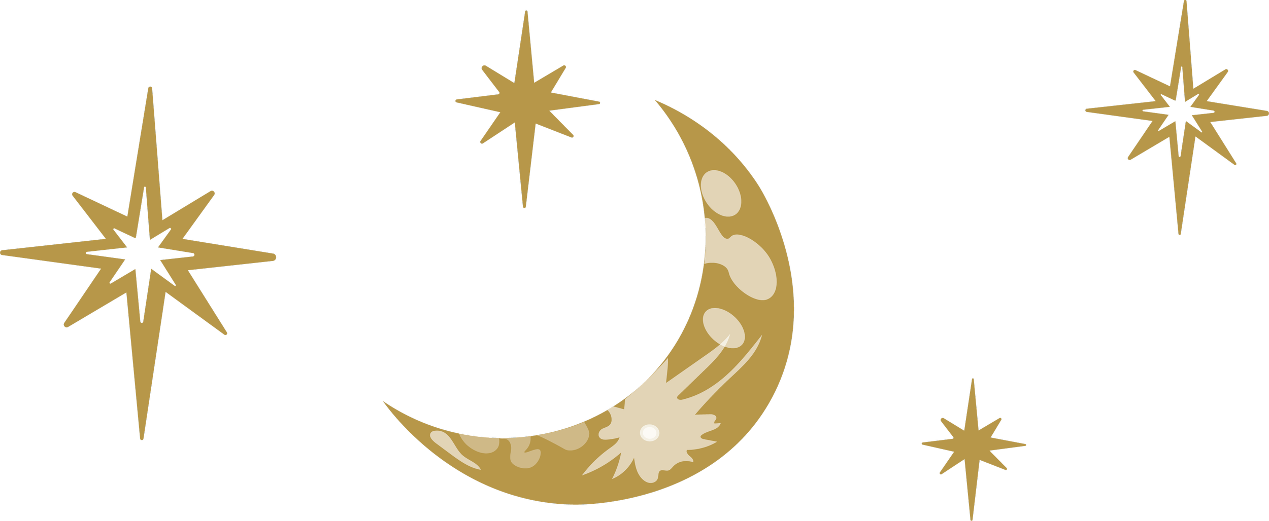Gold crescent moon with white starburst designs and five gold stars surrounding it on a black background.