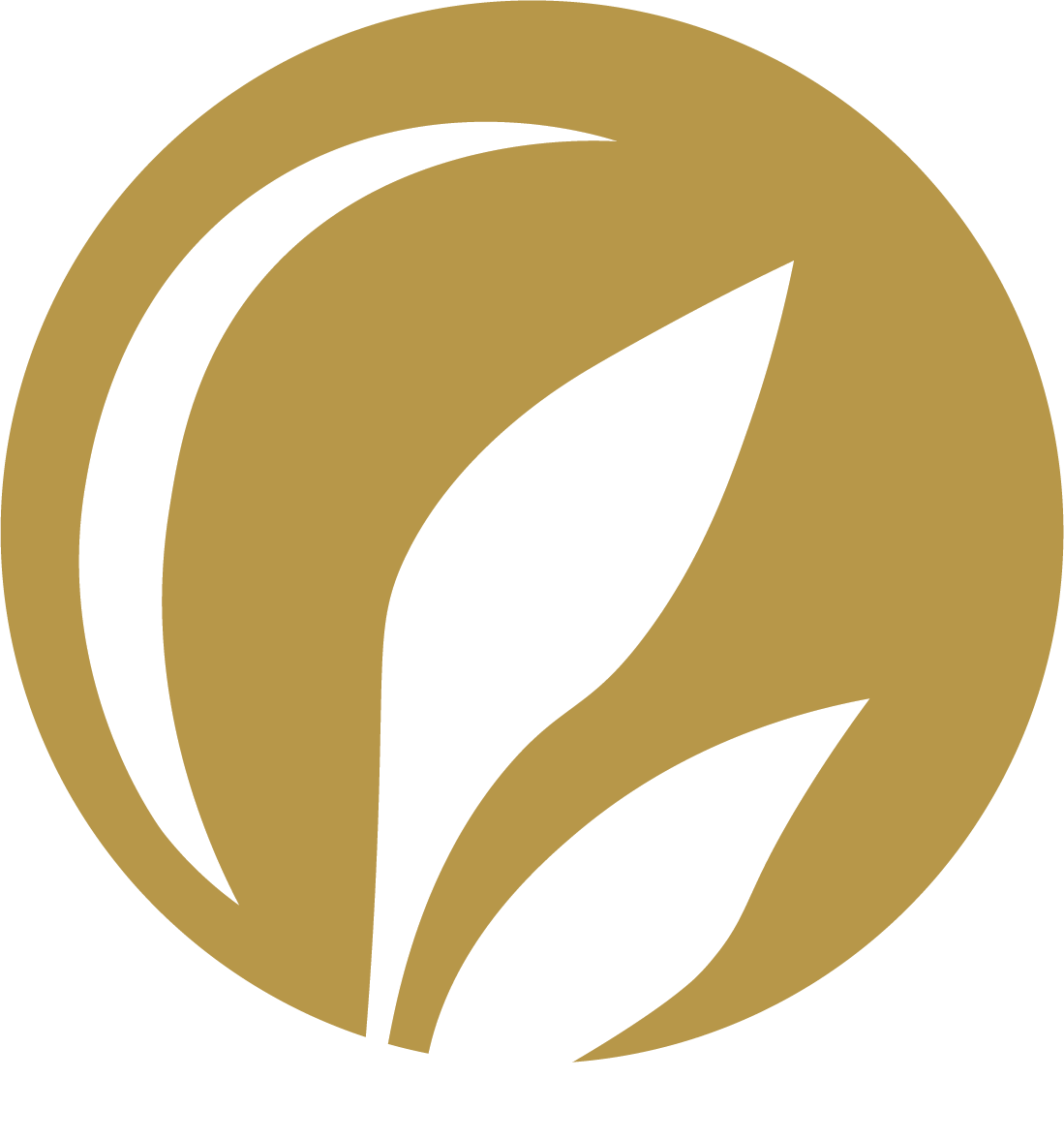 A logo with white stylized leaves inside a gold circle.