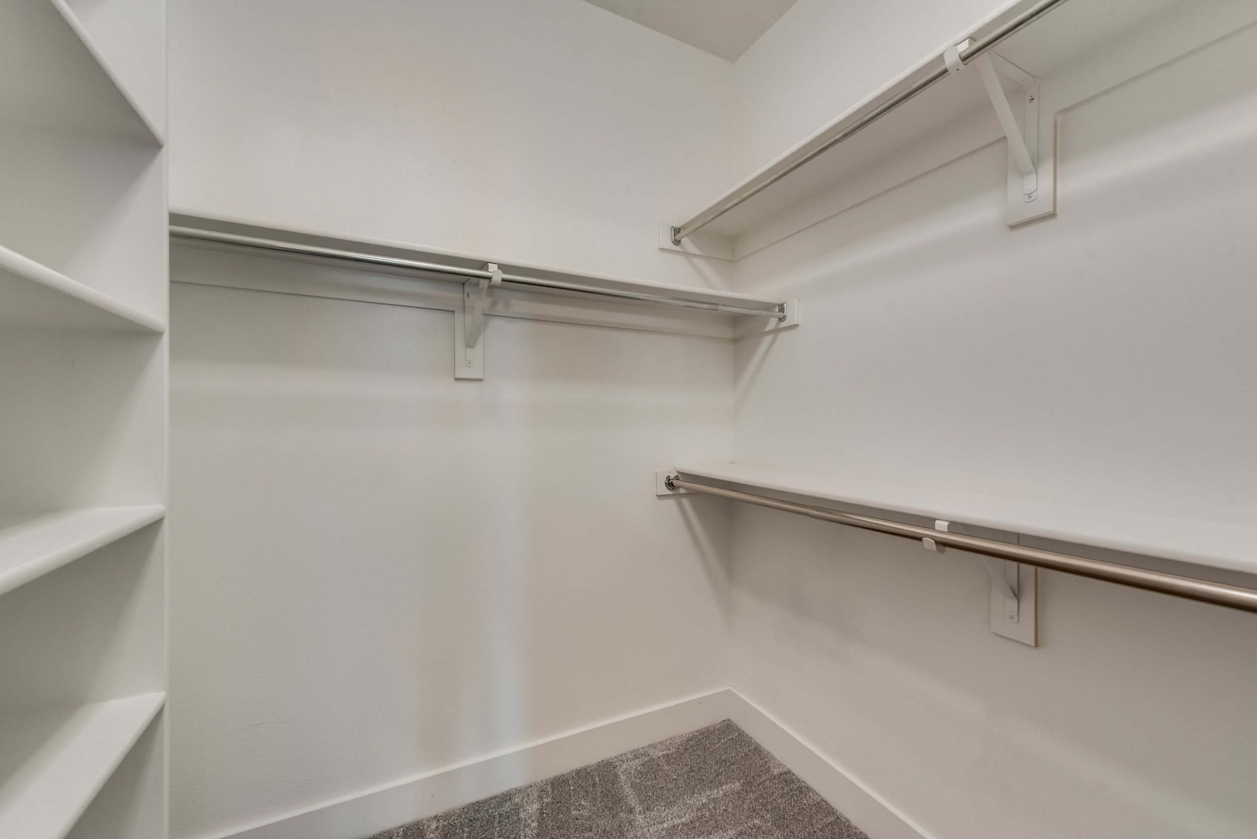 Empty white closet with shelves on the left and hanging rods on the walls, gray carpeted floor.