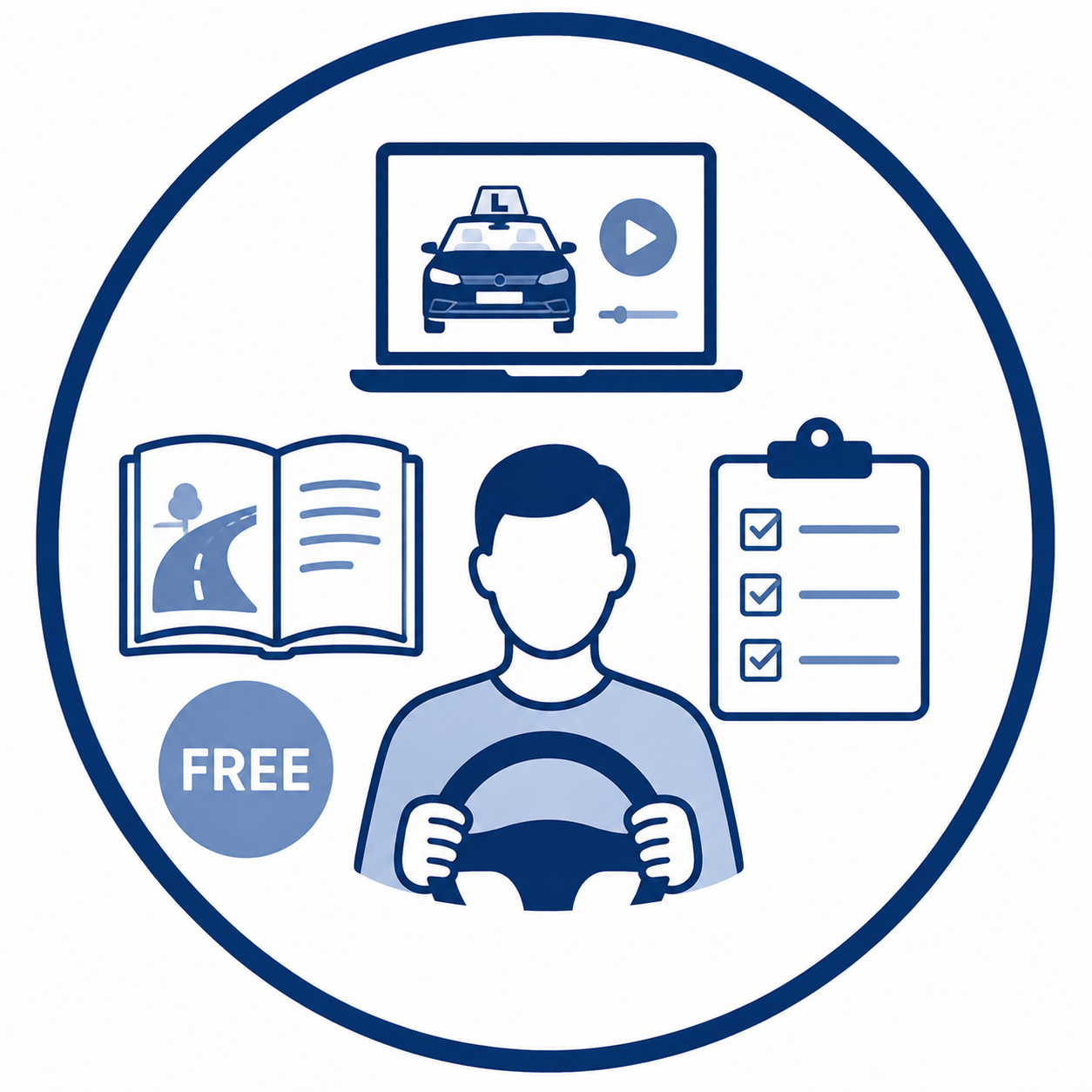 A graphic illustration featuring a driver holding a steering wheel, with icons of a police car on a computer screen, a map book, a checklist, and a badge labeled "FREE" surrounding the driver.