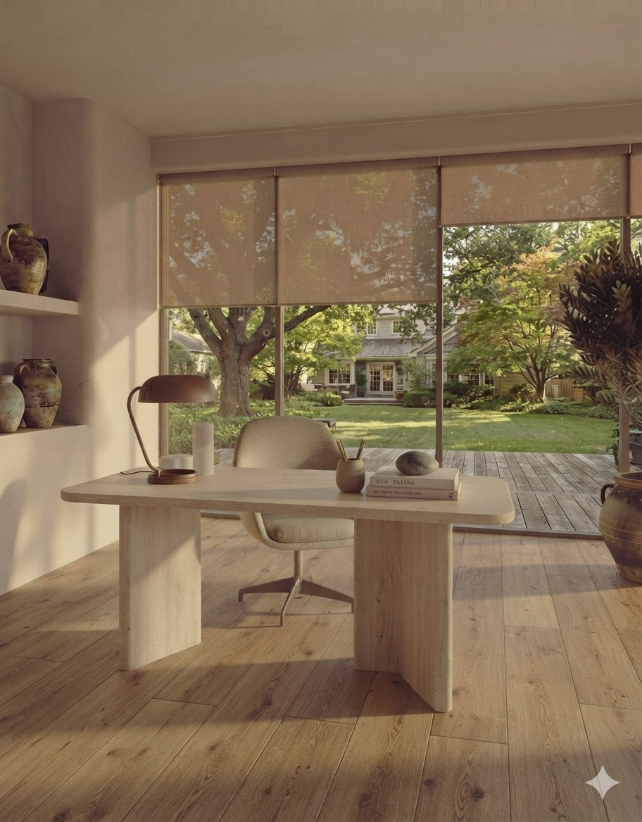 Sheer neutral roller blinds fitted to floor-to-ceiling windows in a modern home office, softly filtering natural light while framing garden views.