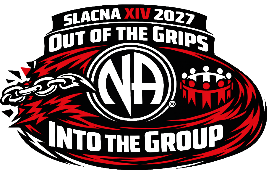 Logo for SLACNA XV 2027 Out of the Grips Into the Group with a black, red, and gray color scheme featuring a fist and chain design.