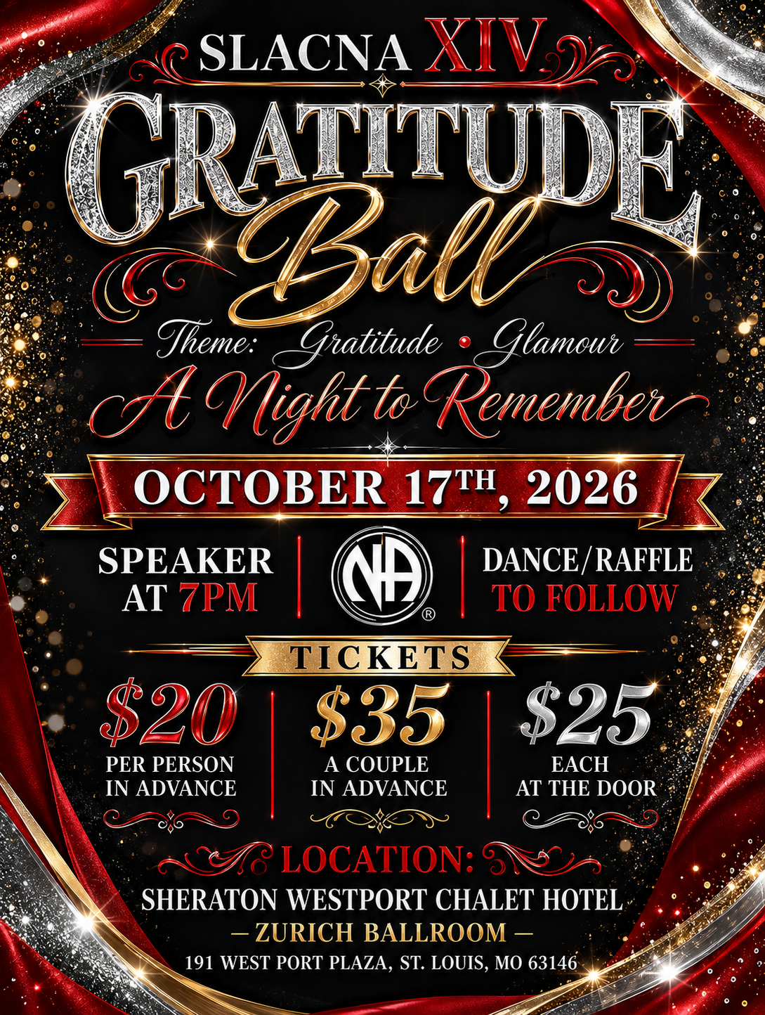 Announcement poster for the SLACNA XIV Gratitude Ball with theme 'A Night to Remember' scheduled for October 17th, 2026, featuring a speaker at 7 PM, dance and raffle, and tickets priced at $20, $35, and $25, held at Sheraton Westport Chalet Hotel in St. Louis, Missouri.