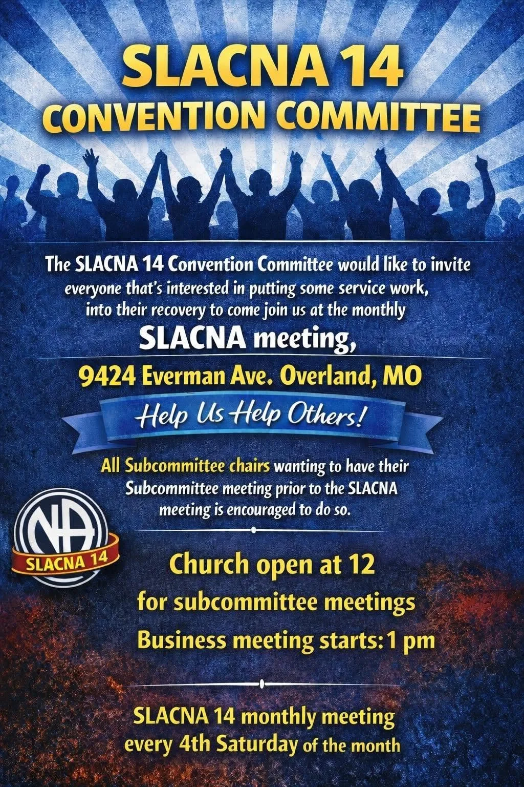 Invitation flyer for the SLACNA 14 Convention Committee meeting, featuring a blue background with rays, silhouettes of people cheering, and the SLACNA 14 logo. Details include date, location, and invitation for subcommittee chairs to attend.