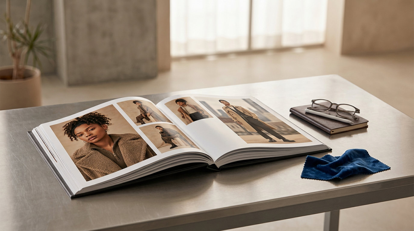 Open fashion catalog with model photos, glasses, notebook, and cleaning cloth on a table.