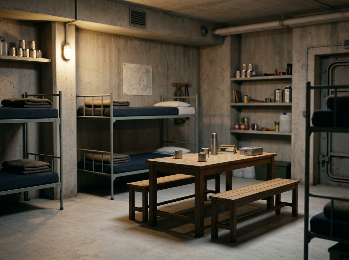 Ein Gemeinschaftsraum mit Metallbetten, einem Holztisch, Stühlen und Regalen in einem Unterkeller. Es gibt Kaffee, Bücher und Vorratsdosen auf dem Tisch und den Regalen.