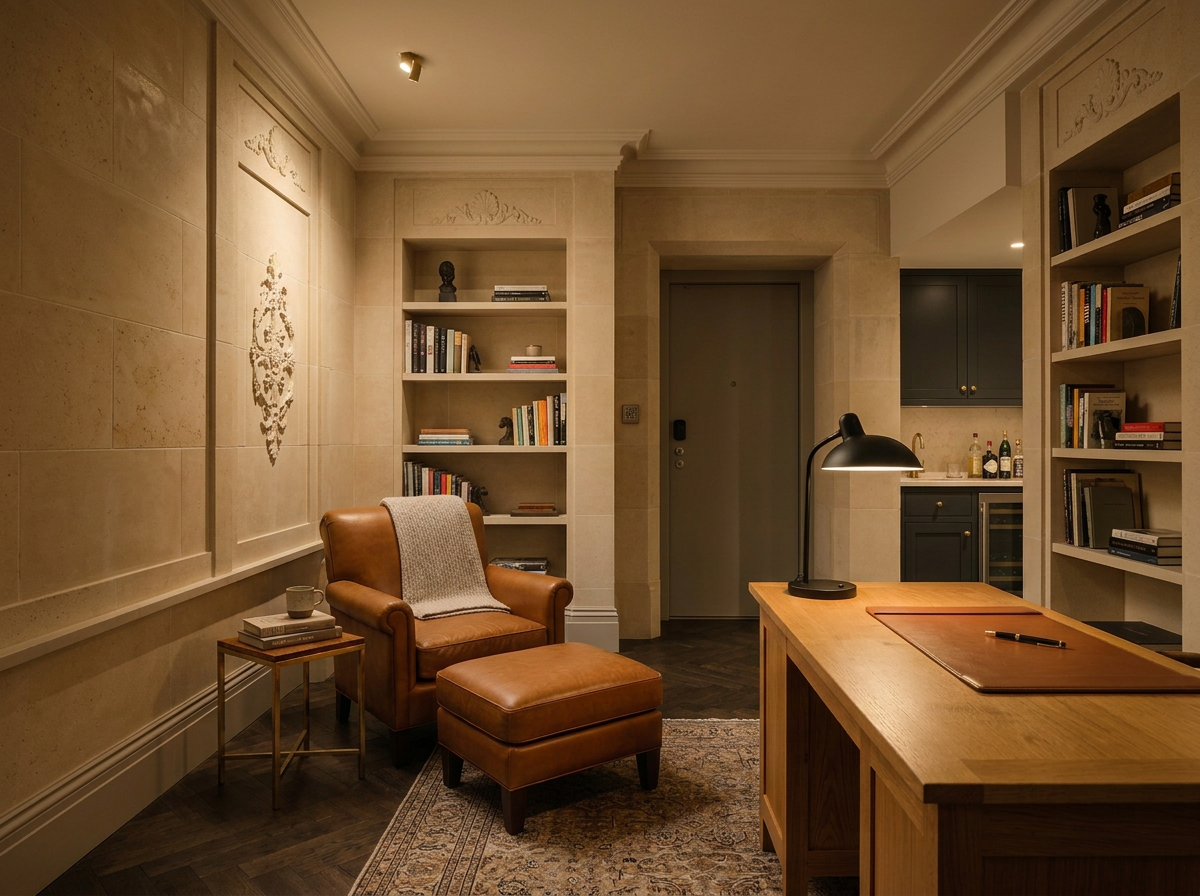 Gemütliches Wohnzimmer mit braunem Ledersessel mit Fußhocker, Bücherregalen, und einem Holzschreibtisch mit Arbeitsplatzlampe.