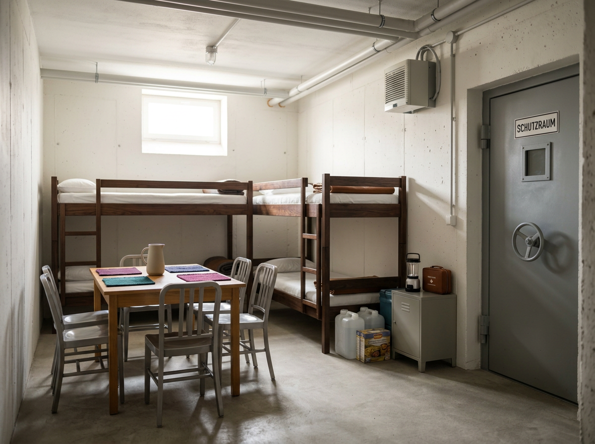 Ein kleines Zimmer mit zwei Hochbetten, einen Tisch mit vier Stühlen, Wasserkanistern, einem Wasserkocher und einem Campingkocher, untere Fenster in einer Betonkonstruktion, Tür mit Schild 'Schutzraum'.