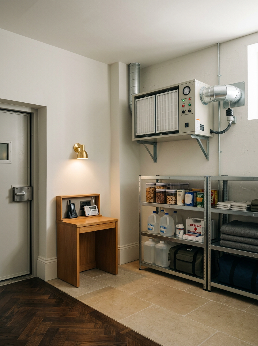 Wartesystem mit Telefonen, Lagerregal mit Vorratsgläsern, Wasserkanistern und Erste-Hilfe-Set in einem Flur mit weißen Wänden.