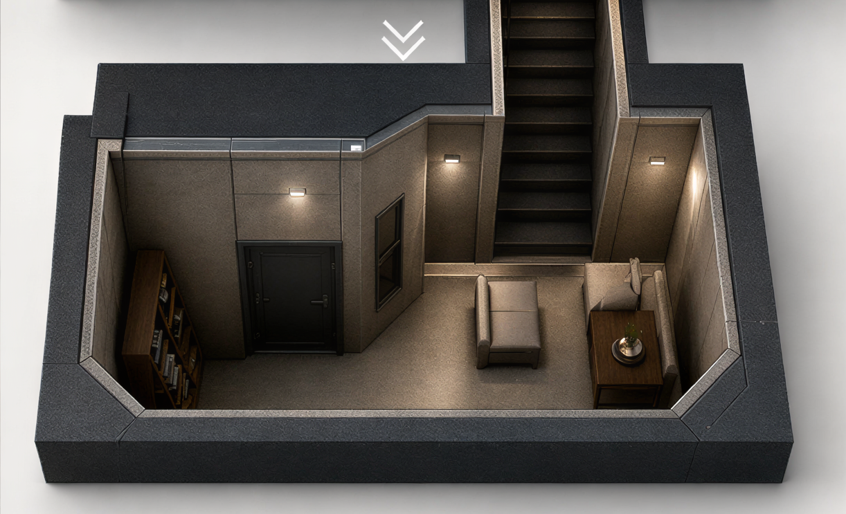 Miniaturmodell einer modernen, minimalistischen Wohnung mit Sitzbereich, Bücherregal, Treppe und Eingangstür.