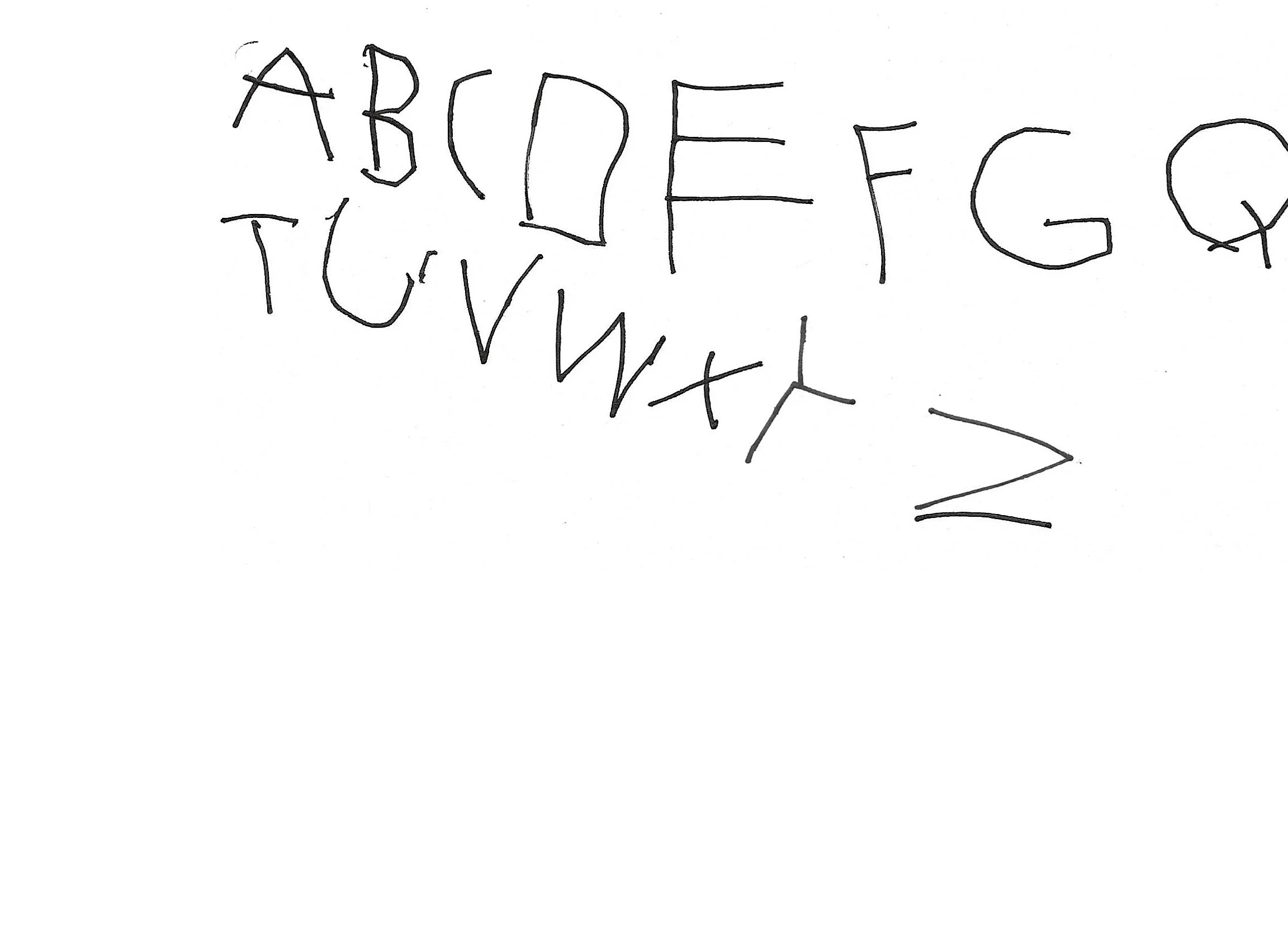 A young child's attempt at writing the alphabet. Not all the letters are represented