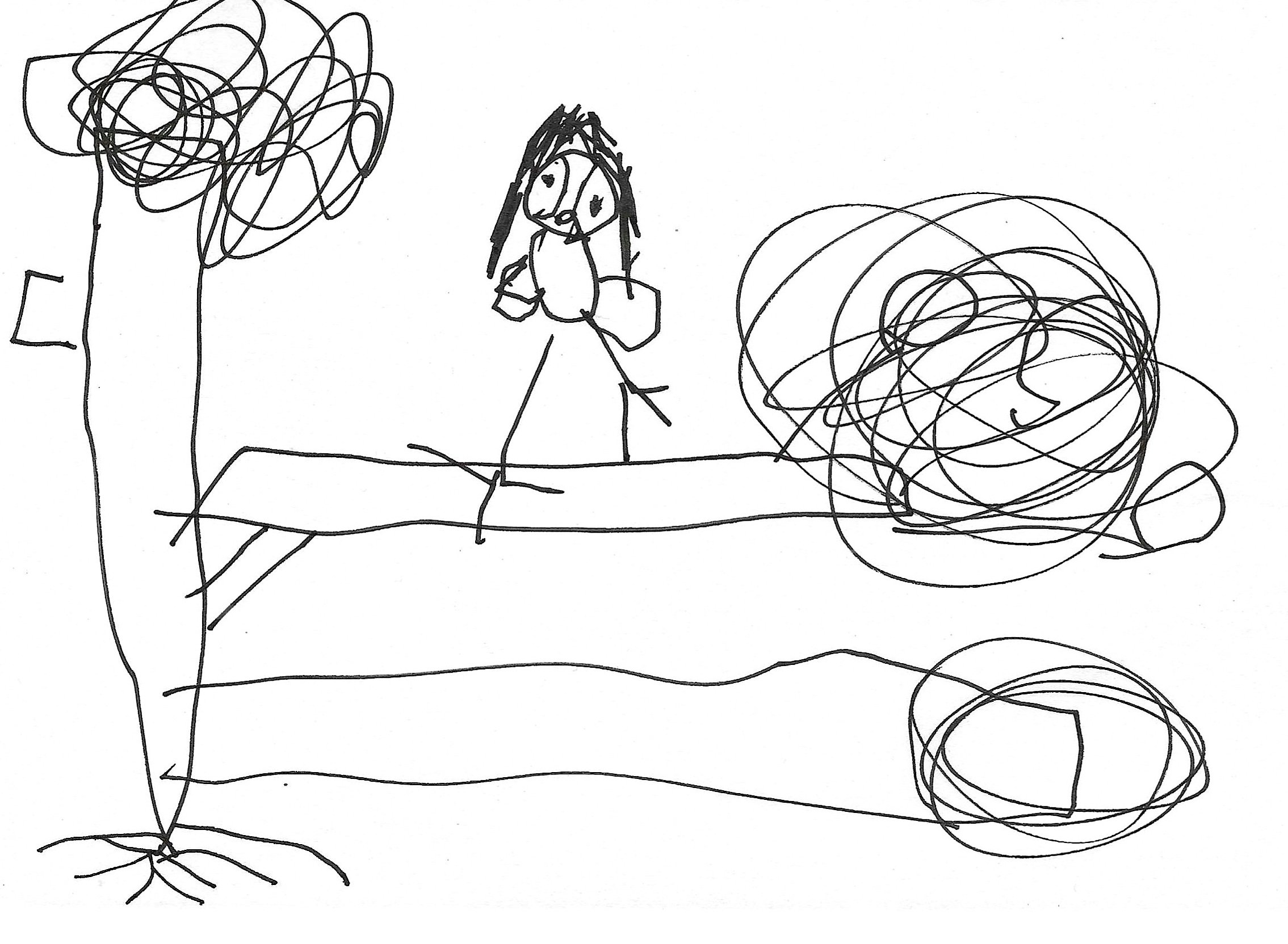 A simple line drawing by a young child of an owl standing on a tree branch, with another tree branch and the tree trunk on either side. The drawing is made with continuous black lines on white paper.