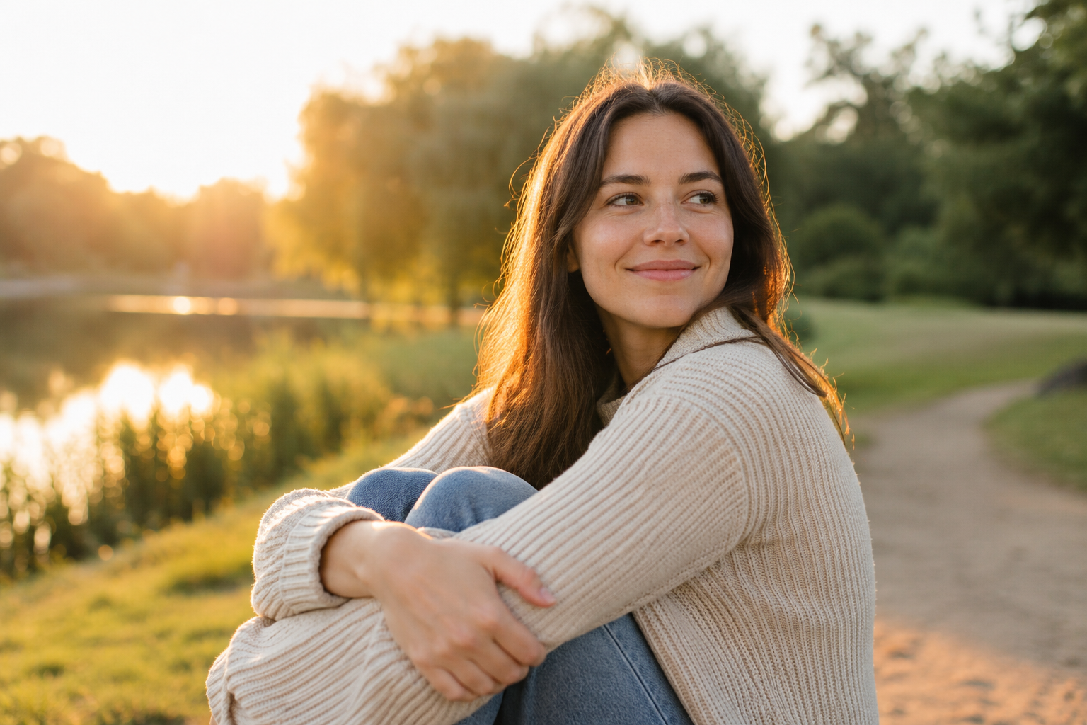 A young woman with brown hair and a beige sweater sitting outdoors near a lake at sunset.