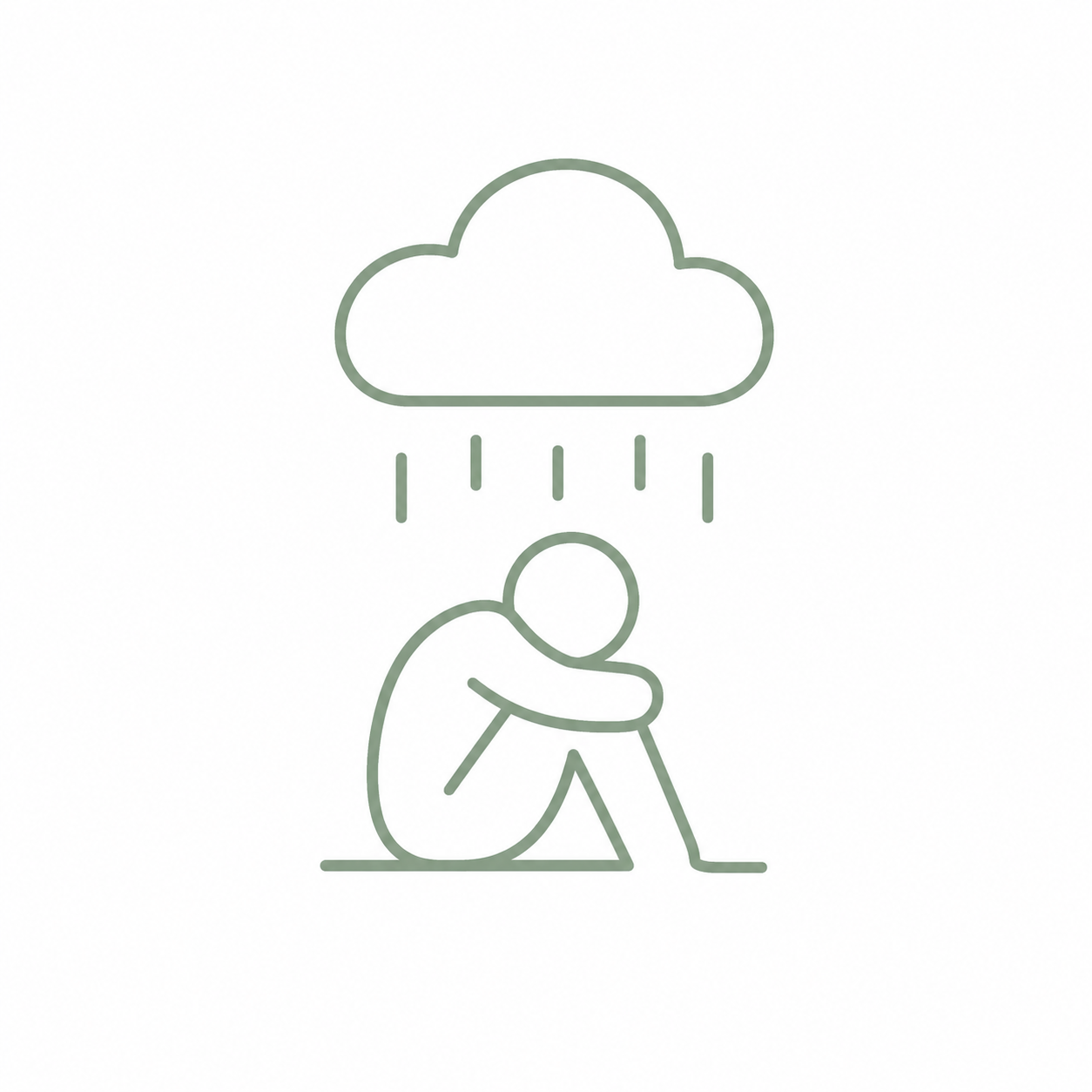 Line drawing of a person sitting with knees drawn to their chest, head down, under a cloud with rain, representing sadness or depression.