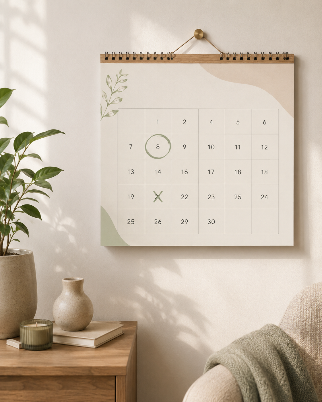 A wall calendar with dates 7, 8, and 21 marked in green hangs on a cream-colored wall in a cozy living room. Next to it is a wooden table with decorative containers and a potted plant, with a beige armchair in the foreground.