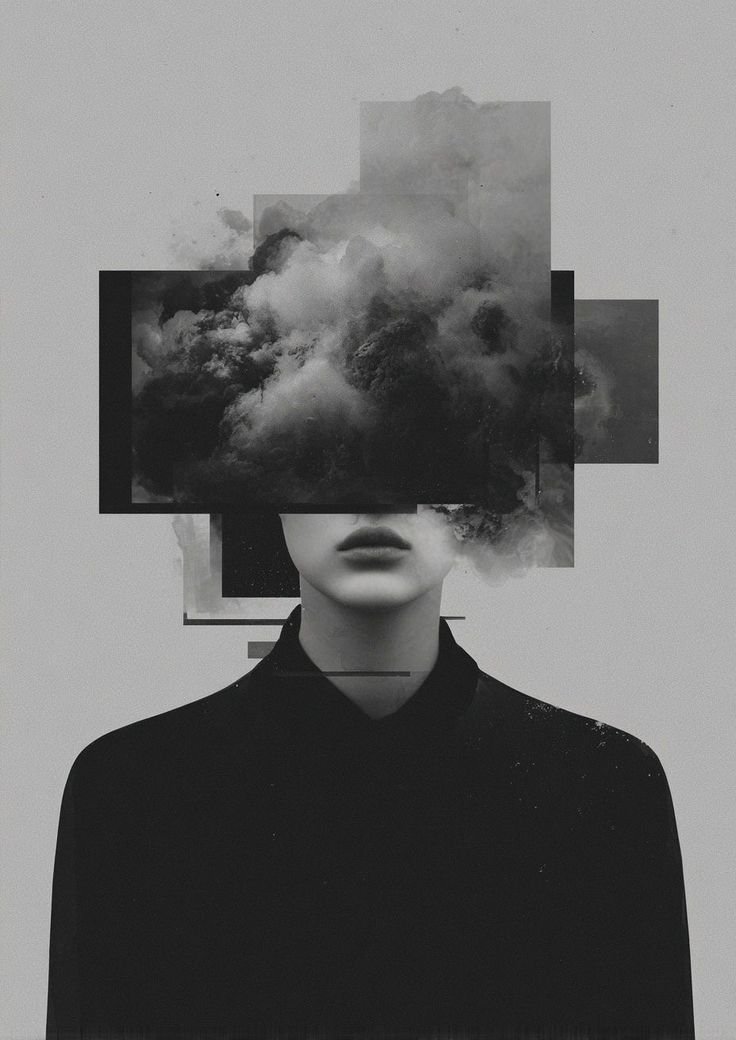 Black and white photo of a person with clouds obscuring their face, partially covering their mouth, and framed with abstract rectangular shapes.