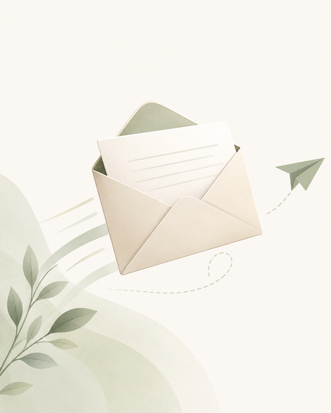 A beige envelope with a letter inside, and a paper airplane flying nearby on a light background with green leaves and abstract design elements.
