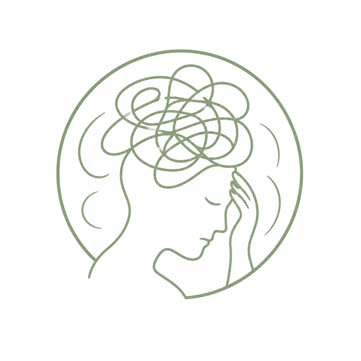 Line drawing of a person with hand on forehead, mind depicted as tangled lines inside a circle