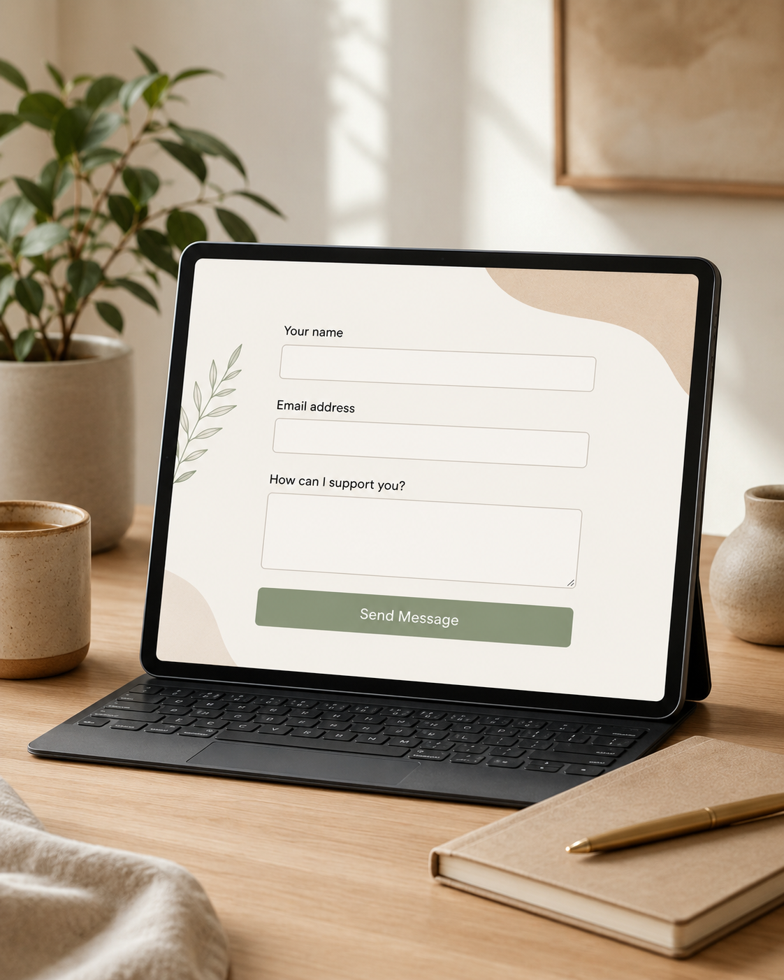 A tablet on a wooden desk displaying a contact form with fields for name, email, and message, next to a notebook with a gold pen, a cup of coffee, a potted plant, and a framed picture in the background.
