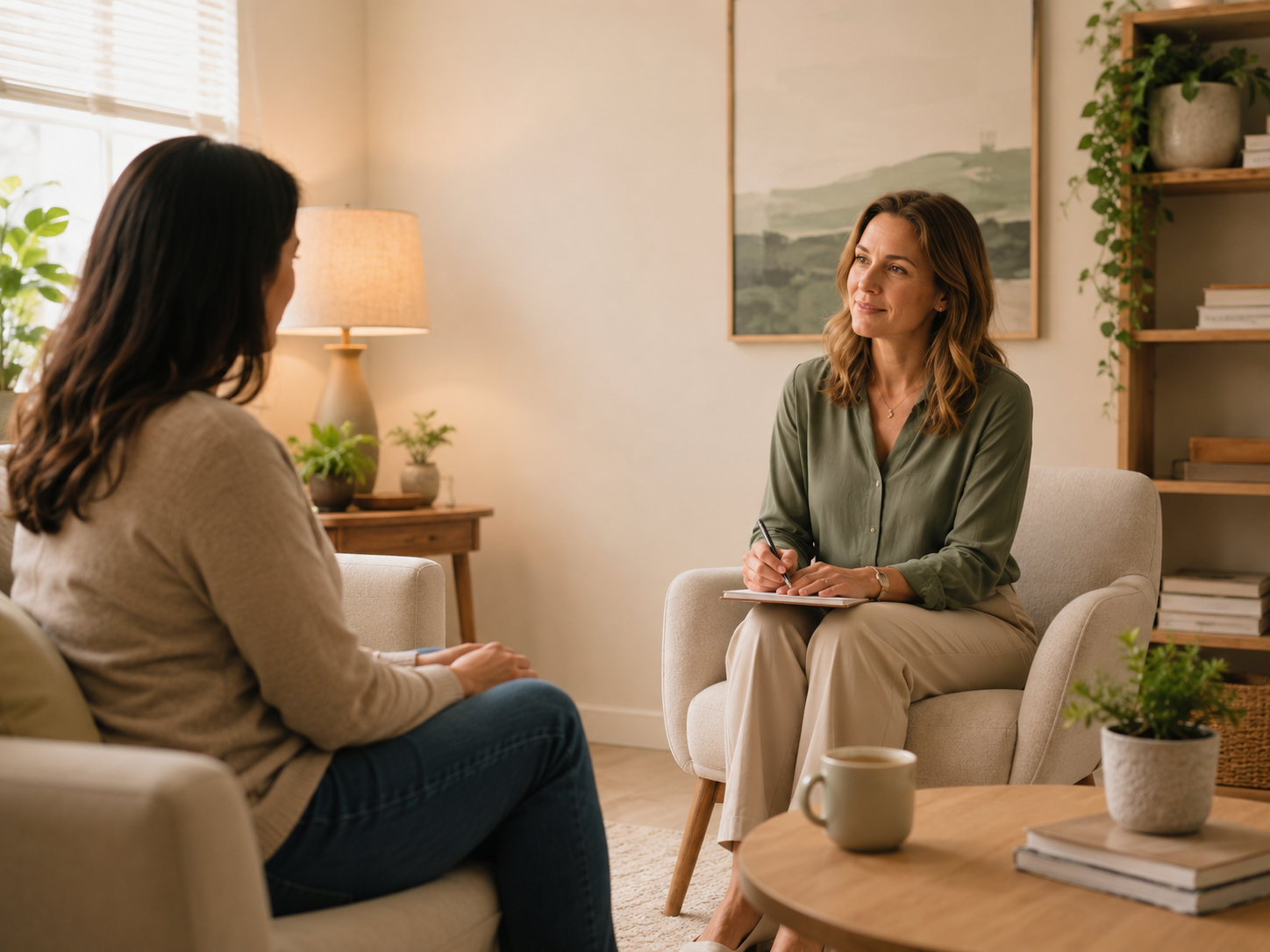 A woman in a green shirt takes notes during a counseling session with a woman in a beige sweater in a cozy, well-lit living room.