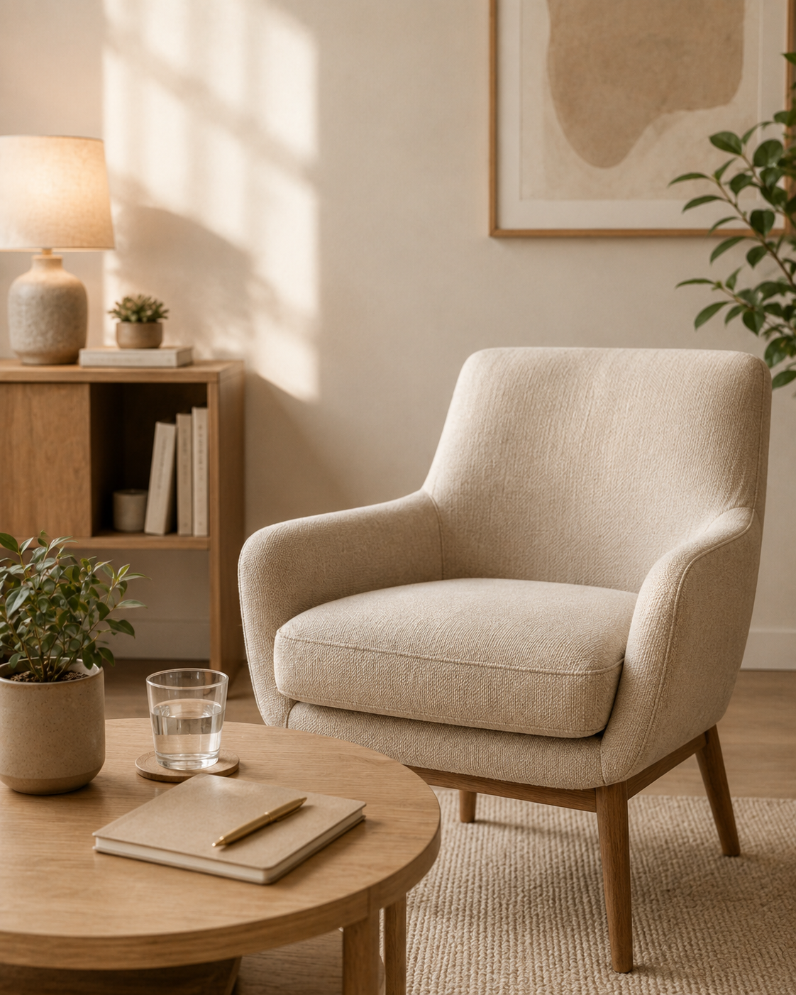 A cozy living room corner featuring a beige upholstered armchair, a wooden coffee table with a notebook, a glass of water, and a potted plant. In the background, there's a wooden bookshelf with books and decorative items, a table lamp, and abstract artwork on the wall. Soft natural light illuminates the space, creating a warm atmosphere.