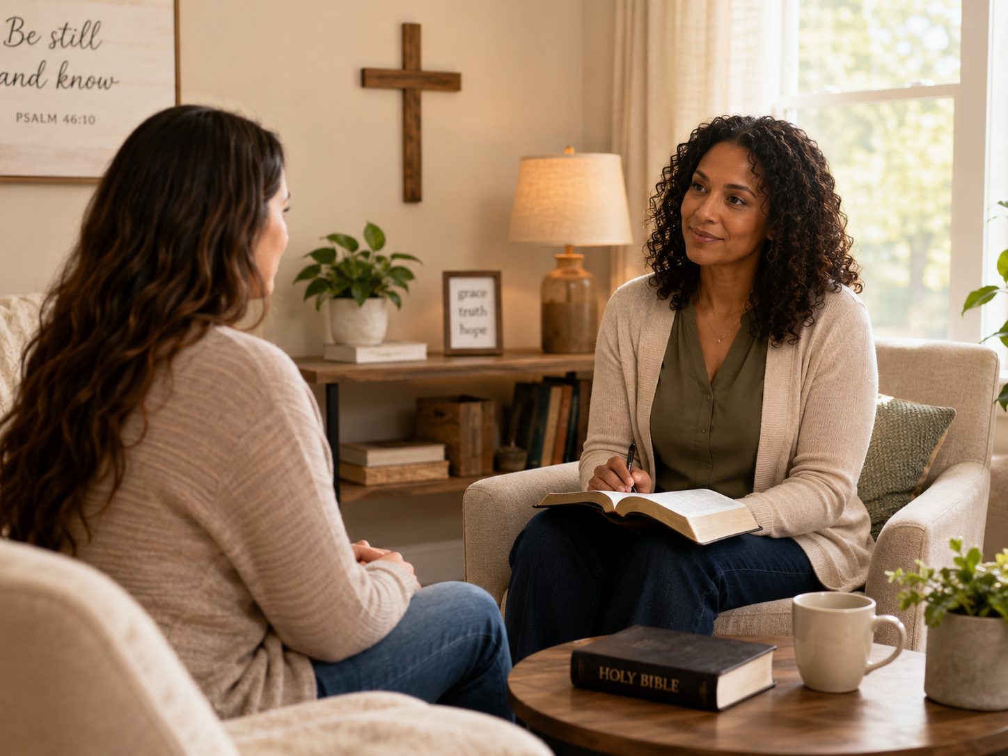 Two women having a conversation in a cozy, well-lit room with religious decor including a cross and a Bible on the table. One is holding a Bible and taking notes, and the other is listening attentively.