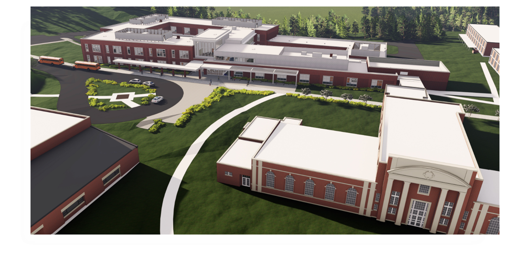 A digital render of a school campus showing several red-brick buildings, a parking lot with cars, buses, and landscaped green areas with pathways and trees.
