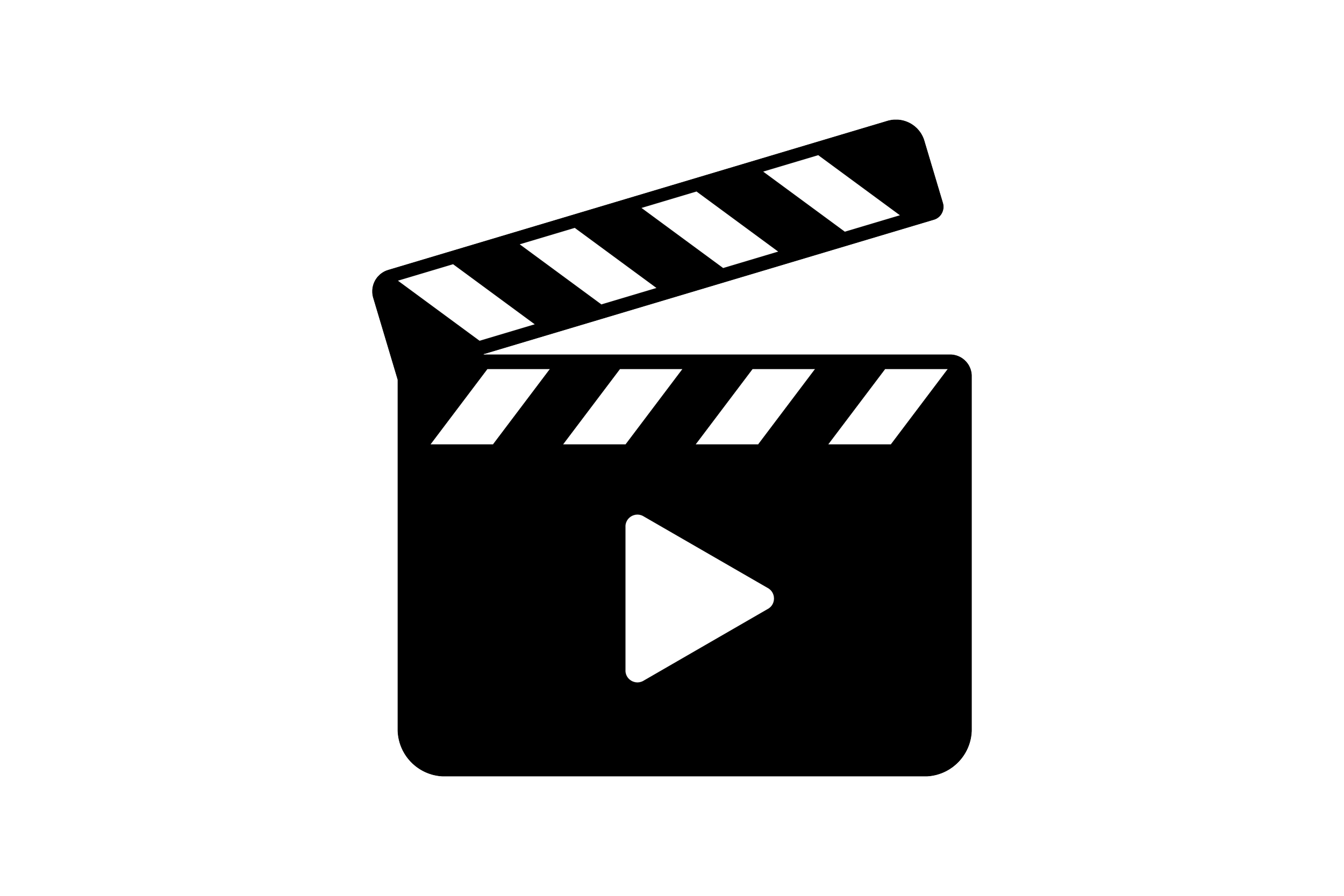 Black and white illustration of a movie clapperboard with a white Play button symbol in the center.