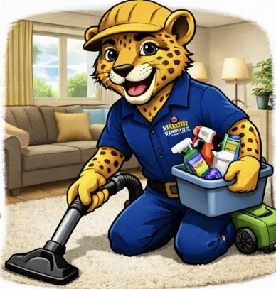Cartoon cheetah wearing a yellow hat and blue uniform, vacuuming carpet in living room, holding a container of cleaning supplies, with a green toy car nearby.